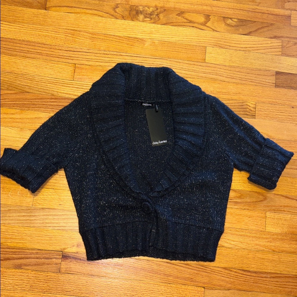 NWT Daisy Fuentes Fashion Freedom Cropped Shrug Shawl Collar, Navy Heather, Sz L